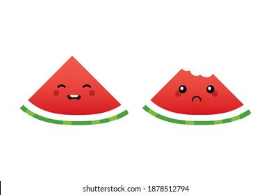 Cute cartoon style watermelon slice characters, happy smiling and sad with bite mark.
