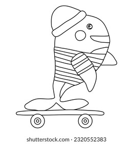 Cute cartoon style whale character on skateboard, vector outline illustration for kids coloring book
