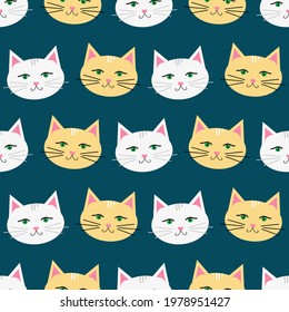 Cute cartoon style white and beige cats, cat faces vector seamless pattern background.