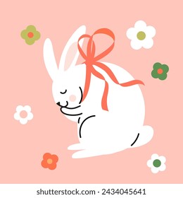 Cute cartoon style white bunny with tied bow and flowers.  Hand drawn vector illustration. Adorable Easter rabbit clip-art, card, poster.