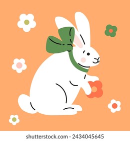 Cute cartoon style white bunny with tied bow and flowers.  Hand drawn trendy vector illustration. Adorable Easter rabbit clip-art, card, poster.