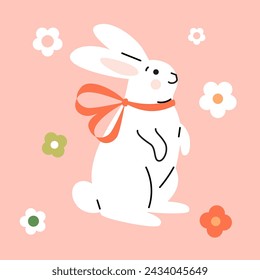 Cute cartoon style white bunny with tied bow and flowers.  Hand drawn trendy vector illustration. Adorable Easter rabbit clip-art, card, poster.