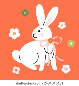 Cute cartoon style white bunny with tied bow and flowers.  Hand drawn trendy vector illustration. Adorable Easter rabbit clip-art, card, poster.