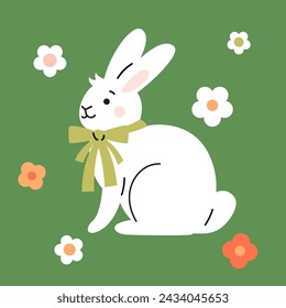 Cute cartoon style white bunny with tied bow and flowers.  Hand drawn trendy vector illustration. Adorable Easter rabbit clip-art, card, poster.