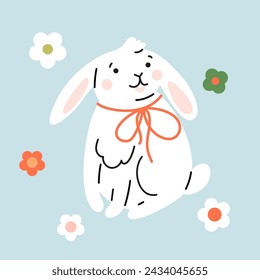 Cute cartoon style white bunny with tied bow and flowers.  Hand drawn vector illustration. Adorable Easter rabbit clip-art, card, poster.