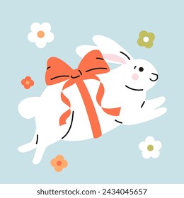 Cute cartoon style white bunny with tied bow and flowers.  Hand drawn trendy vector illustration. Adorable Easter rabbit clip-art, card, poster.