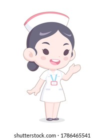 Cute Cartoon Style White Uniform Nurse Presenting Happily Vector Illustration 