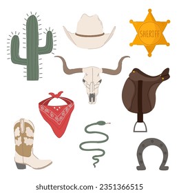 Cute cartoon style wild west set. Cowboy hat, boots, bandana, horse saddle, sheriff badge, horseshoe, snake, skull, cactus. Isolated on white.