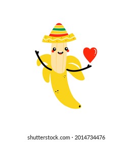 Cute cartoon style yellow banana character in mexican sombrero hat holding in hand red heart. Love and appreciation concept.
