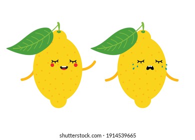 Cute cartoon style yellow lemon characters, happy smiling and sad crying.