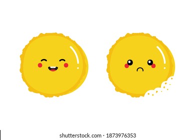 Cute cartoon style yellow macaron characters, happy smiling and sad with bite mark.
