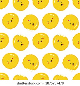 Cute cartoon style yellow macaron characters, happy smiling and sad with bite mark vector seamless pattern background.