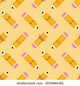 Cute cartoon style yellow pencil with eraser characters vector seamless pattern background for back to school design.