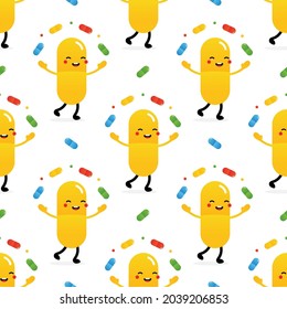 Cute cartoon style yellow pill character juggling, throwing little colorful pills in the air vector seamless pattern background for medical, healthcare design.