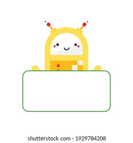 Cute cartoon style yellow robot character, toy holding blank card, banner in hands. Vector icon, illustration.