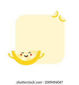 Cute cartoon style yellow smiling lemon slice character with blank square frame, card template, background. 