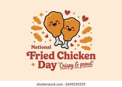 Bonito desenho animado estilo frango frito casal com corações para o dia nacional do frango frito crocante e design orgulhoso