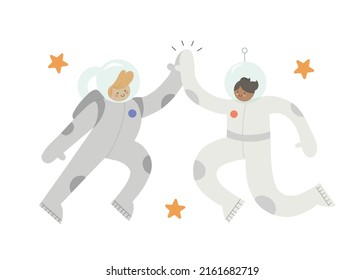 Cute cartoon styled kids astronaut friends, clapping hands, hand drawn flat style vector illustration