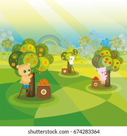 Cute cartoon styles, Cartoon bear character harvest Orange tree, cherry tree, apple  tree, on garden fruit  background