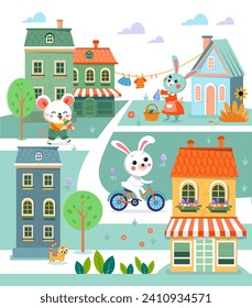 Cuta caricatura estilizó a los ratones y conejitos en la ciudad. Escena para la decoración de tarjetas para niños, libros de fondo blanco. Ilustración vectorial. 