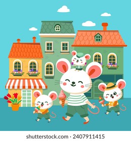 Cute cartoon stylised mice in city eating ice cream. Scene for design of children's cards, books. Vector illustration. 