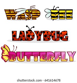 cute cartoon stylised text insects. Name bee, Butterfly and ladybug