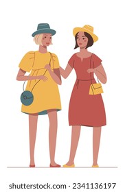 Cute cartoon stylish women in a dress and the hat. Nice fashion girlfriends isolated on a white background. The people talking.