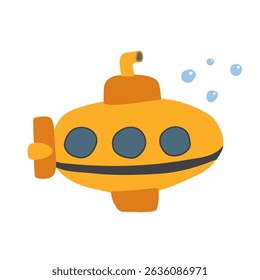 Cute Cartoon Submarine. Under water transport image icon. Vector Illustration.