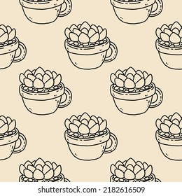 Cute cartoon succulent plants doodles seamless border pattern. Potted plant vector repeatable background texture tile. Cozy template of stock illustration for wrapping design, wallpaper