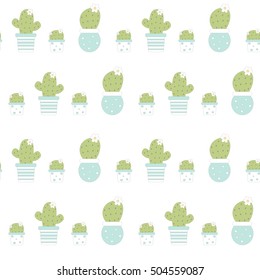 cute cartoon succulent plants in lovely white and blue pots seamless vector pattern background illustration