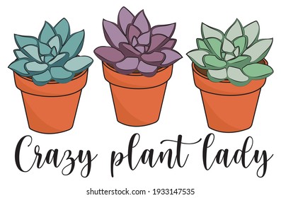 Cute cartoon succulent in pot illustration with crazy plant lady slogan for girl and kids tee t shirt or sticker