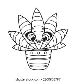 Cute Cartoon Succulent In A Pot Outlined For Coloring Page On White Background