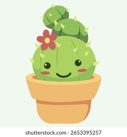 Cute cartoon succulent smiling summer characters prickly cacti vector set collection. Mexican desert plants blooming flowers. Childish nursery greenery foliage