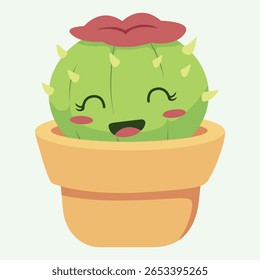 Cute cartoon succulent smiling summer characters prickly cacti vector set collection. Mexican desert plants blooming flowers. Childish nursery greenery foliage