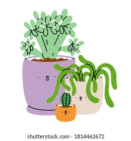 Cute cartoon succulents in pots, home plants friends, vector illustration isolated on white background