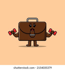 Cute cartoon suitcase character is fitness with barbell in modern style design