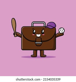 Cute cartoon suitcase character playing baseball in modern style design