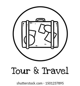 Cute cartoon suitcase doodle image. Tour and travel logo. Media highlights graphic icon