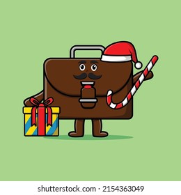 cute cartoon suitcase santa clause character is bringing candy cane and boxes christmas illustration