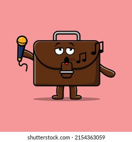 Cute cartoon suitcase singer character holding mic in 3d modern style design