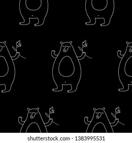 Cute cartoon summer animal background with hand drawn bears and flowers. Sweet vector black and white summer animal background. Seamless monochrome doodle summer animal background for textile.