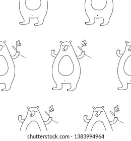 Cute cartoon summer animal pattern with hand drawn bears and flowers. Sweet vector black and white summer animal pattern. Seamless monochrome doodle summer animal pattern for textile, cards and wrap.
