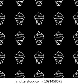 Cute cartoon summer background with hand drawn ice cream. Sweet vector black and white summer background. Seamless monochrome doodle summer background for textile, wallpapers and wrapping paper.