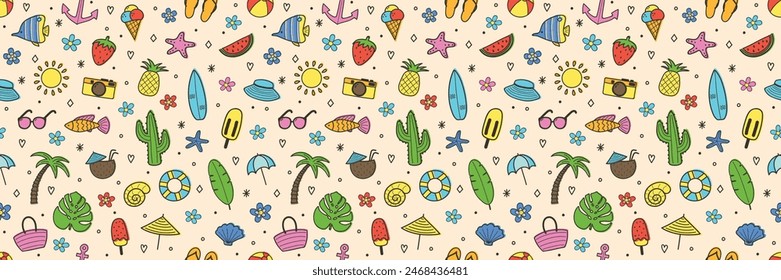 Cute cartoon summer background with hand drawn elements. Seamless pattern. Vector illustration 