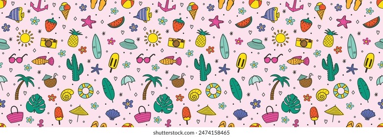 Cute cartoon summer background with hand drawn elements. Seamless pattern. Vector illustration 