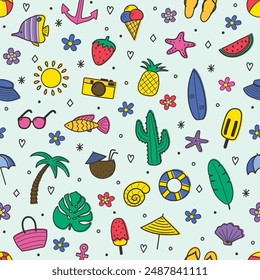 Cute cartoon summer background with hand drawn elements. Seamless pattern. Vector illustration 