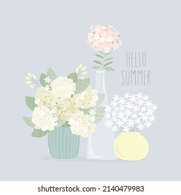 Cute Cartoon Summer Bouquets in Vases. Hydrangea, Daisy, Phlox