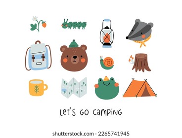 Cuta caricatura en el campamento de verano. Aventura, áreas turísticas, campamento y oso, rana, insignia. Ilustración exterior vector colorida en estilo de dibujos animados planos.