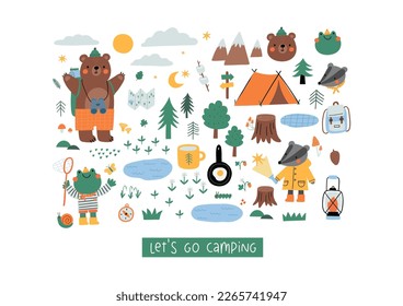 Cute cartoon Summer Camping. Adventure, tourist areas, camp and bear, frog, badger. Colorful vector outdoor illustration in flat cartoon style.