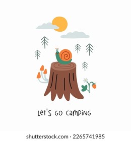 Cute cartoon Summer Camping. Adventure, tourist areas, camp and animals. Colorful vector outdoor illustration in flat cartoon style.